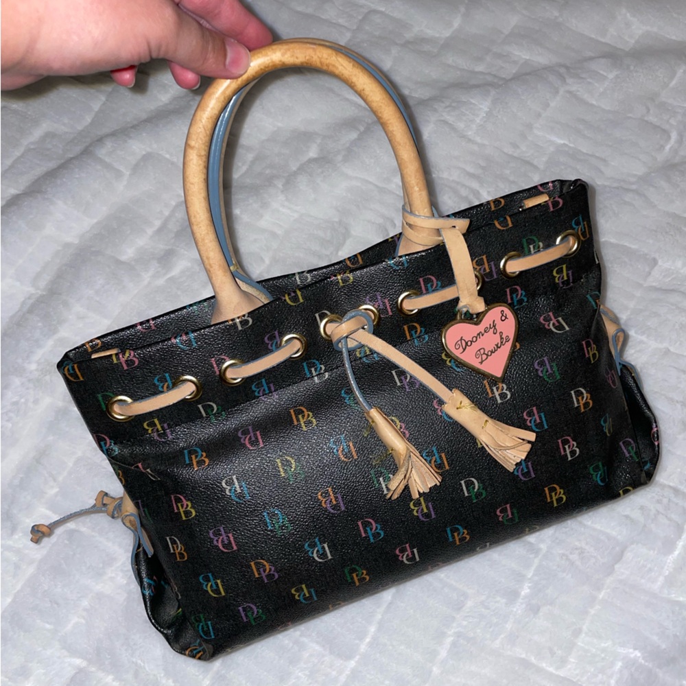 Vintage Y2K Dooney & Bourke Black Multicolor Tassel Signature Leather Handbag